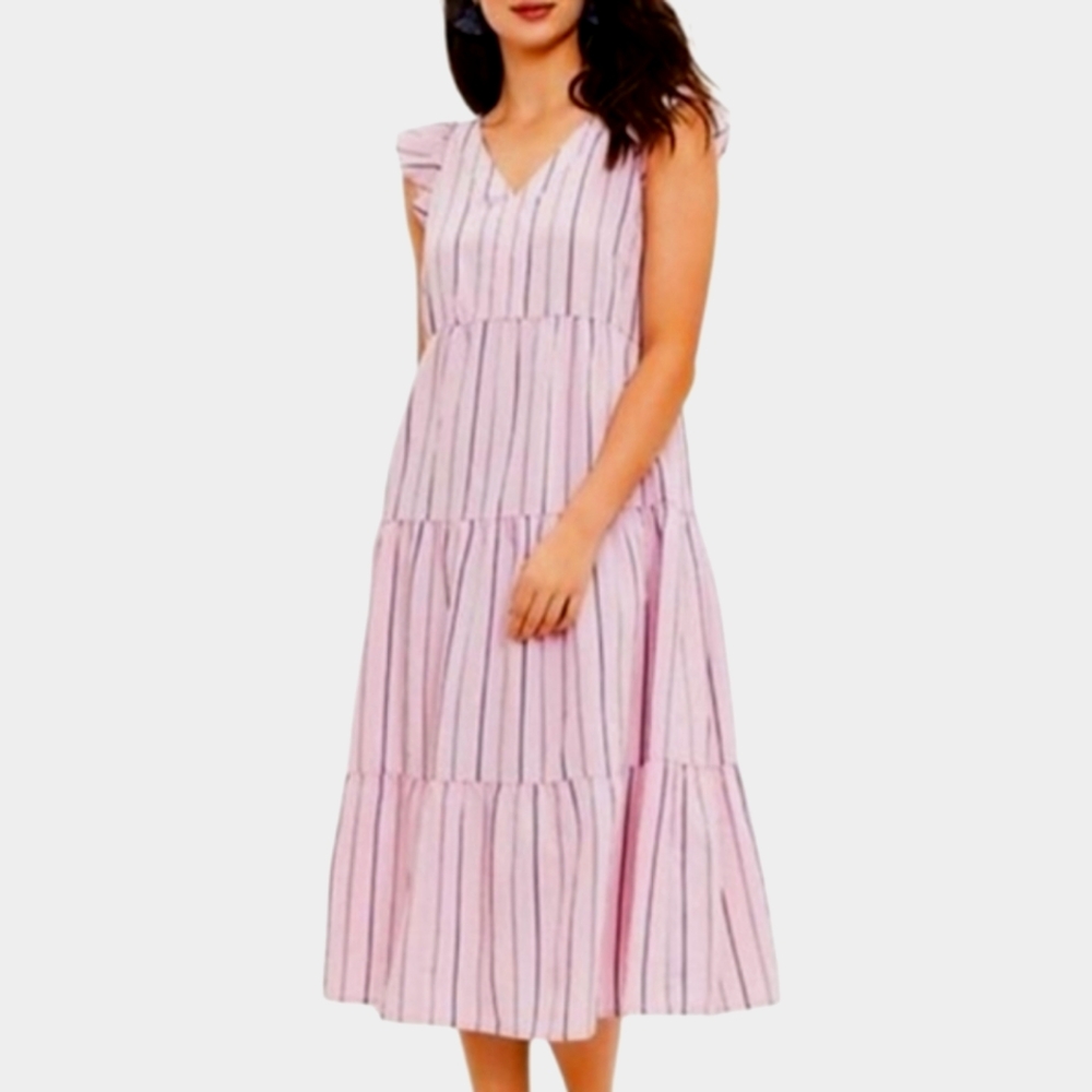 NEW! ANN TAYLOR LOFT Sleeveless Striped V-neck Tiered Ruffle Midi Dress Large.